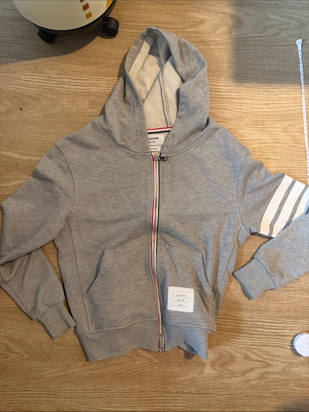 Thom Browne Kids Grey Zip Hoodie with White Sleeve Stripes